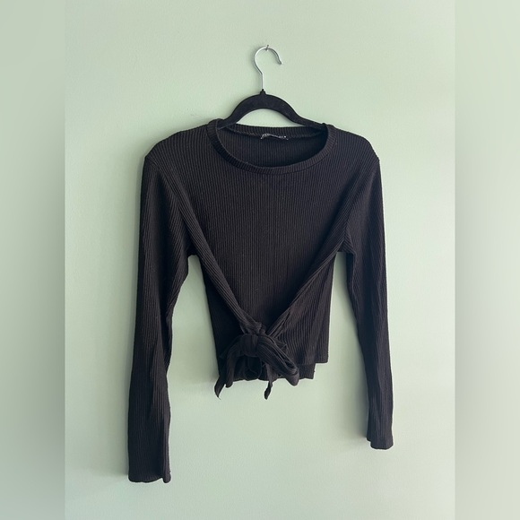 Zara Bow Tie Black Ribbed Long-Sleeve Top - Picture 2 of 7